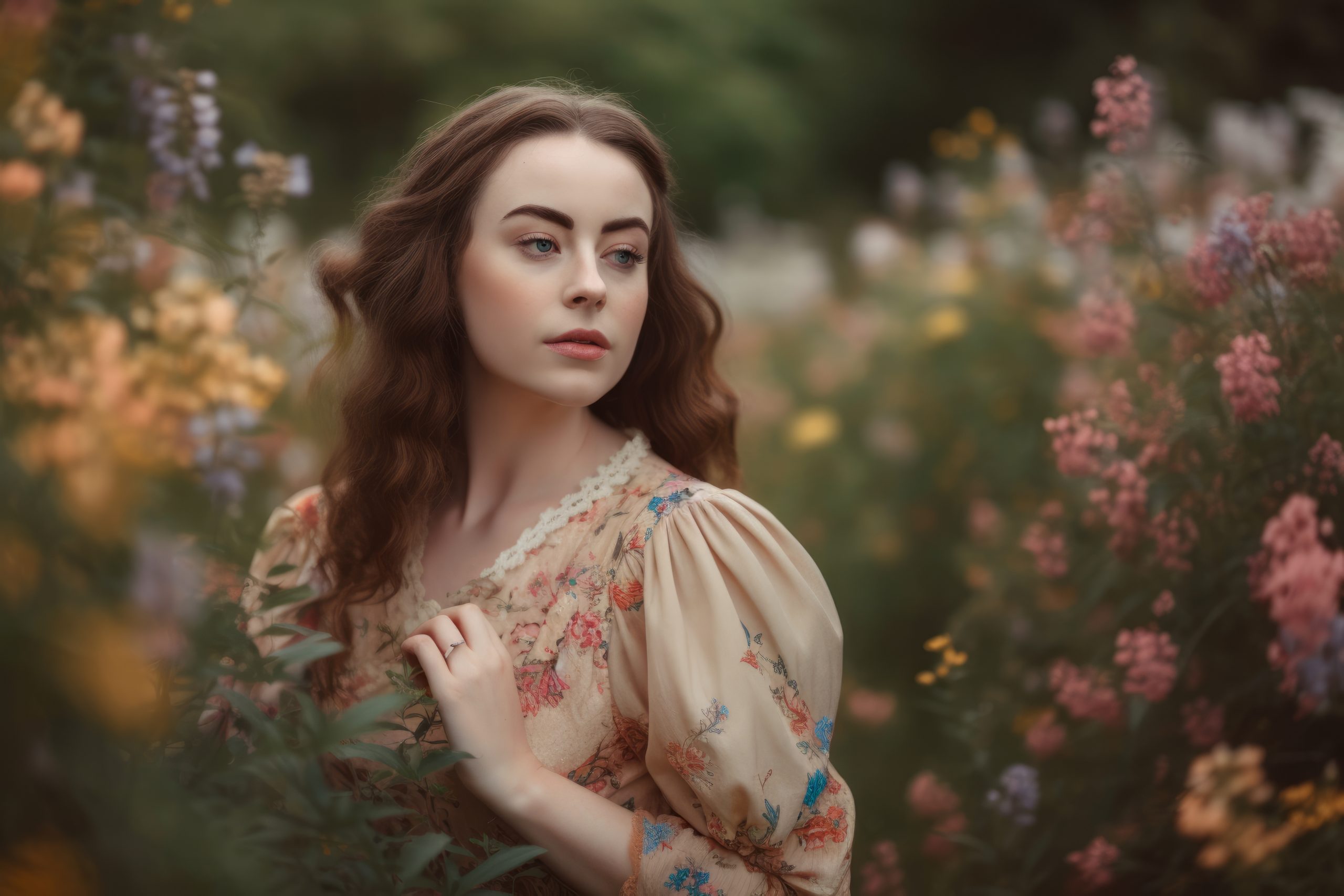 Romantic portrait of a woman in a vintage-inspired dress, surrounded by flowers and nature, generative ai