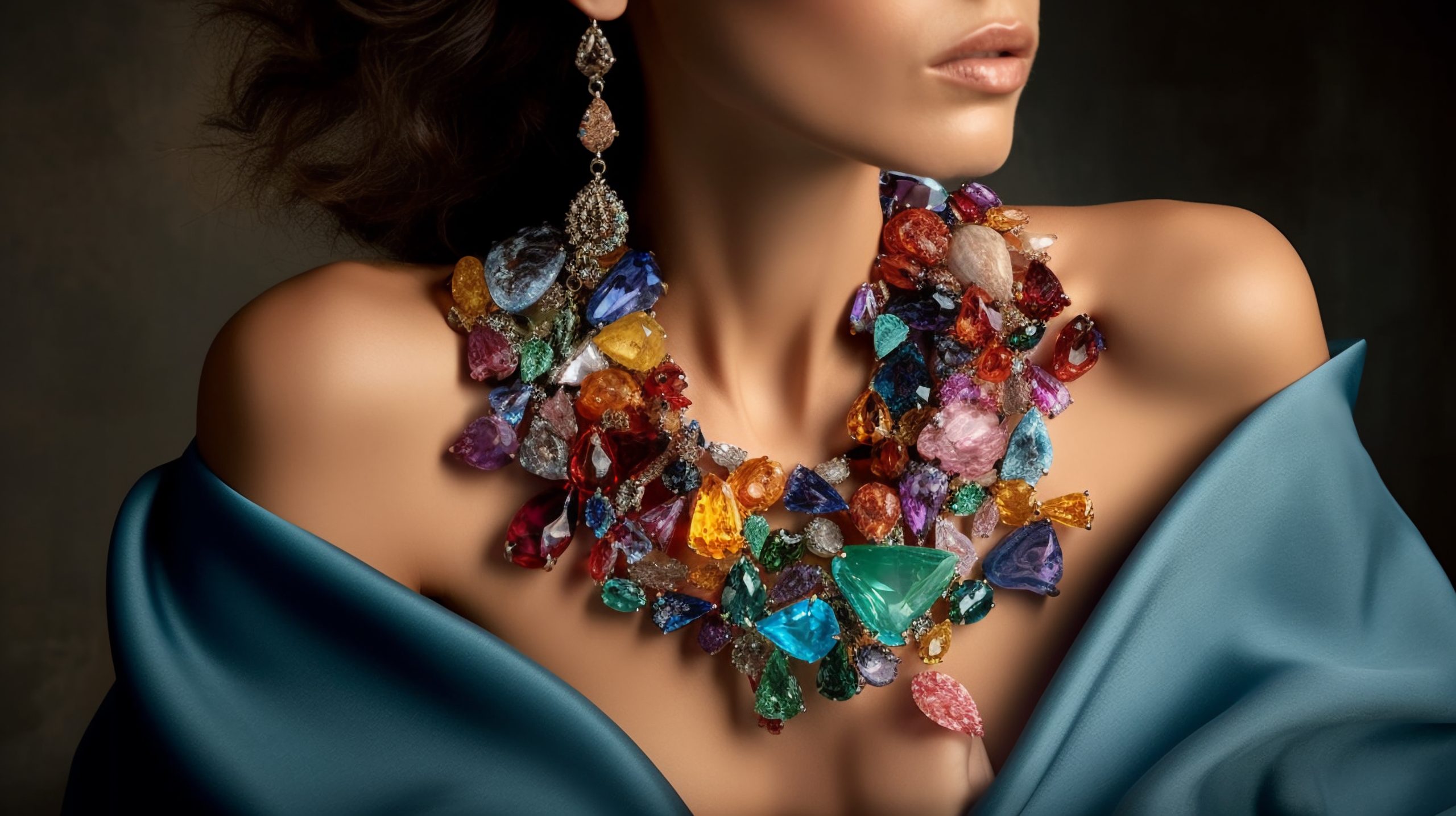 "Statement Necklace with Iridescent Gemstones" Generative AI.